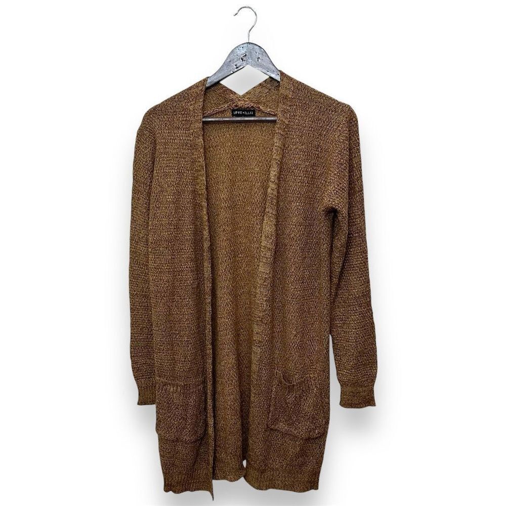 NWOT Love Ellie Women's Brown Open Front Cardigan Sweater with Pockets Sz M